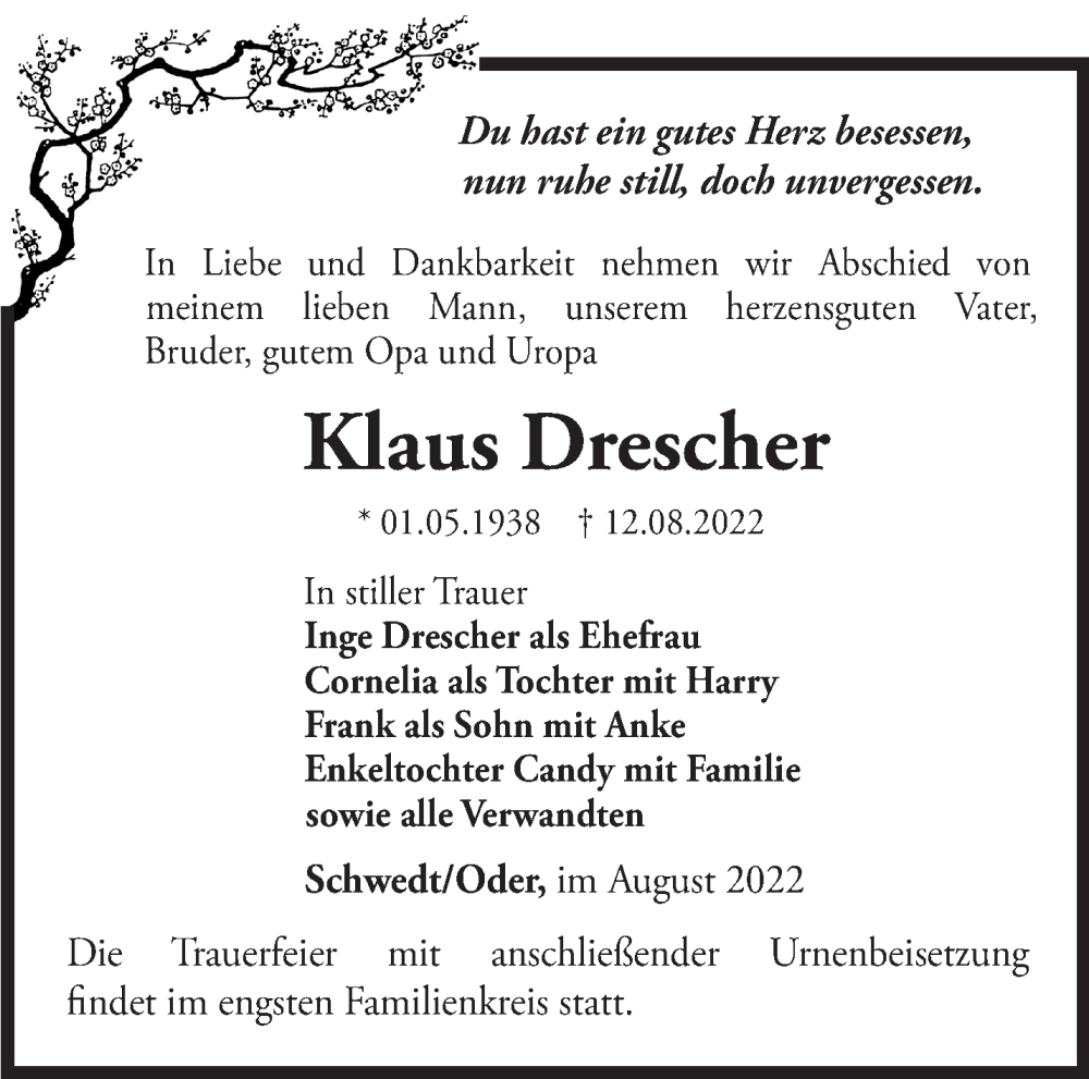  Traueranzeige für Klaus Drescher vom 20.08.2022 aus Märkische Oderzeitung