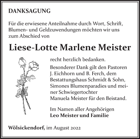 Traueranzeige von Liese-Lotte Meister von Märkische Oderzeitung