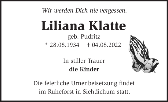 Traueranzeige von Liliana Klatte von Märkische Oderzeitung