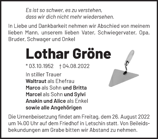 Traueranzeige von Lothar Gröne von Märkische Oderzeitung