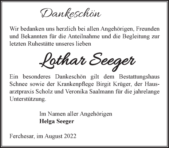 Traueranzeige von Lothar Seeger von Märkische Oderzeitung