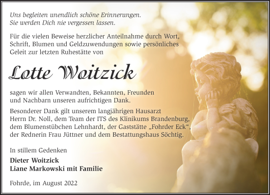 Traueranzeige von Lotte Woitzick von Märkische Oderzeitung