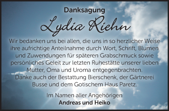 Traueranzeige von Lydia Riehn von Märkische Oderzeitung