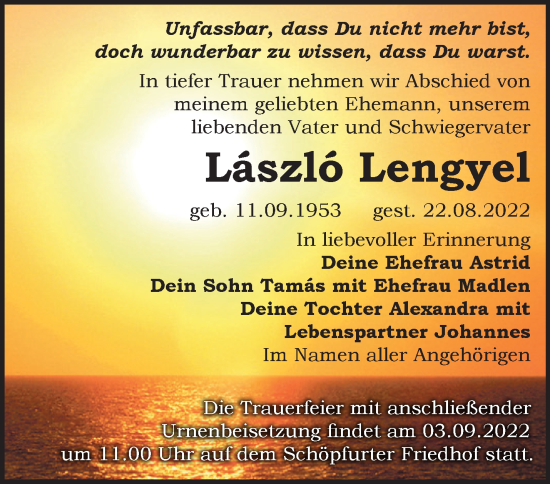 Traueranzeige von László Lengyel von Märkische Oderzeitung