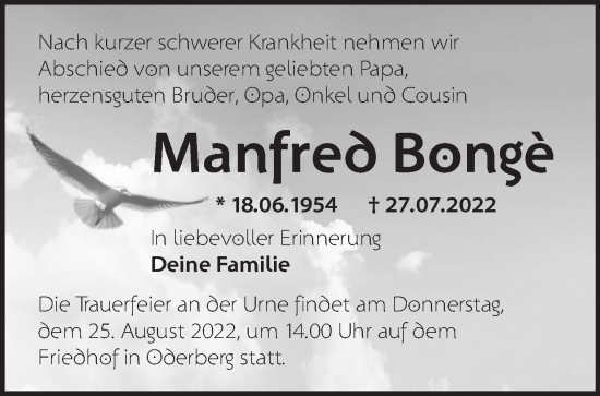 Traueranzeige von Manfred Bongè von Märkische Oderzeitung