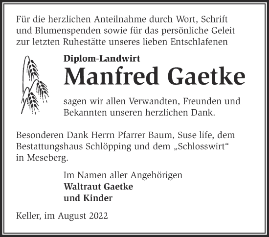 Traueranzeige von Manfred Gaetke von Märkische Oderzeitung