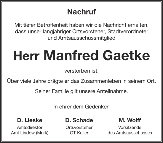 Traueranzeige von Manfred Gaetke von Märkische Oderzeitung