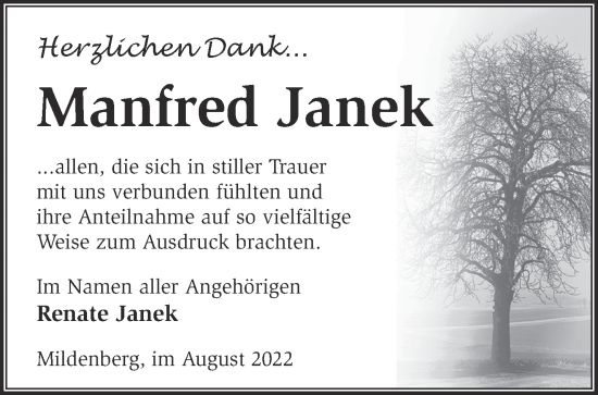 Traueranzeige von Manfred Janek von Märkische Oderzeitung