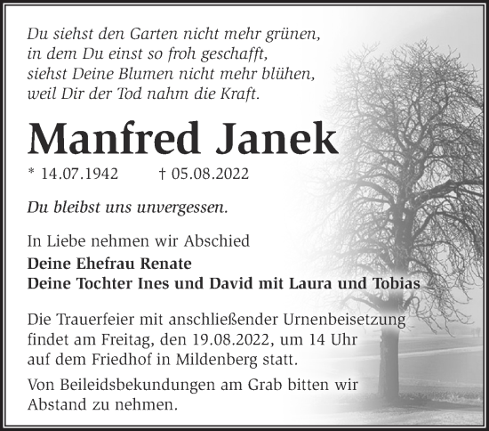 Traueranzeige von Manfred Janek von Märkische Oderzeitung