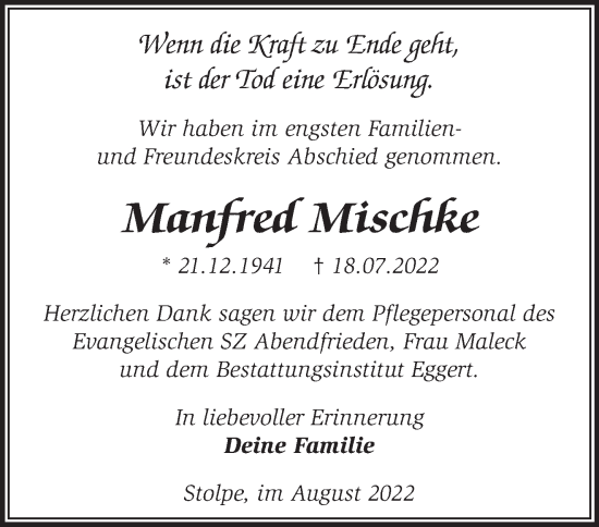 Traueranzeige von Manfred Mischke von Märkische Oderzeitung