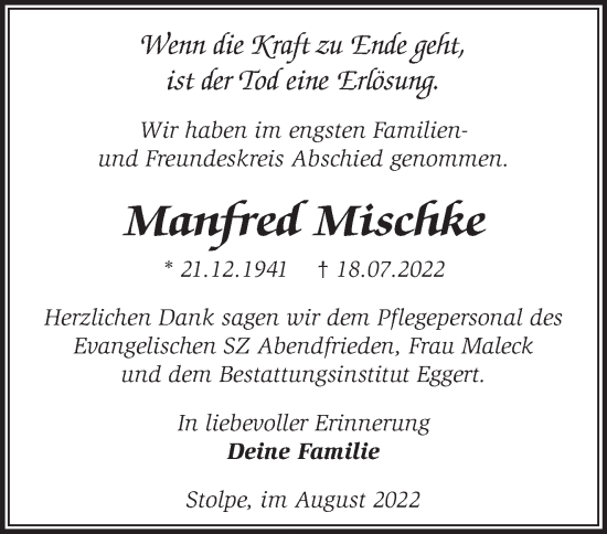 Traueranzeige von Manfred Mischke von Märkische Oderzeitung