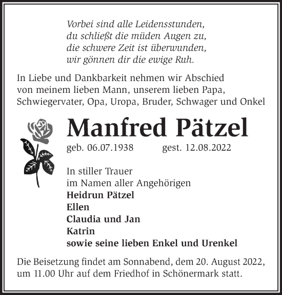 Traueranzeige von Manfred Pätzel von Märkische Oderzeitung