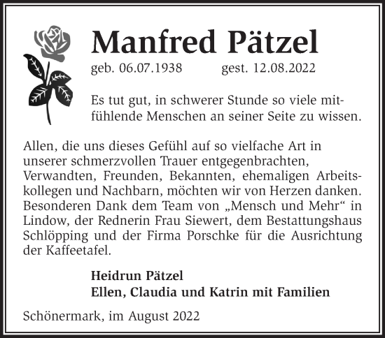 Traueranzeige von Manfred Pätzel von Märkische Oderzeitung