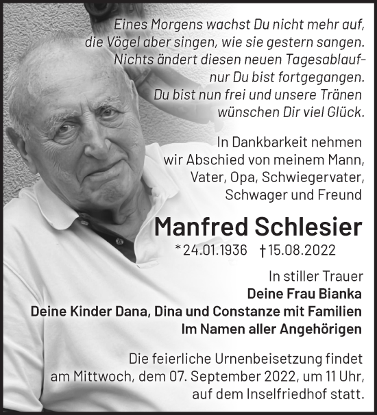 Traueranzeige von Manfred Schlesier von Märkische Oderzeitung