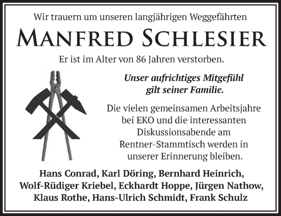 Traueranzeige von Manfred Schlesier von Märkische Oderzeitung