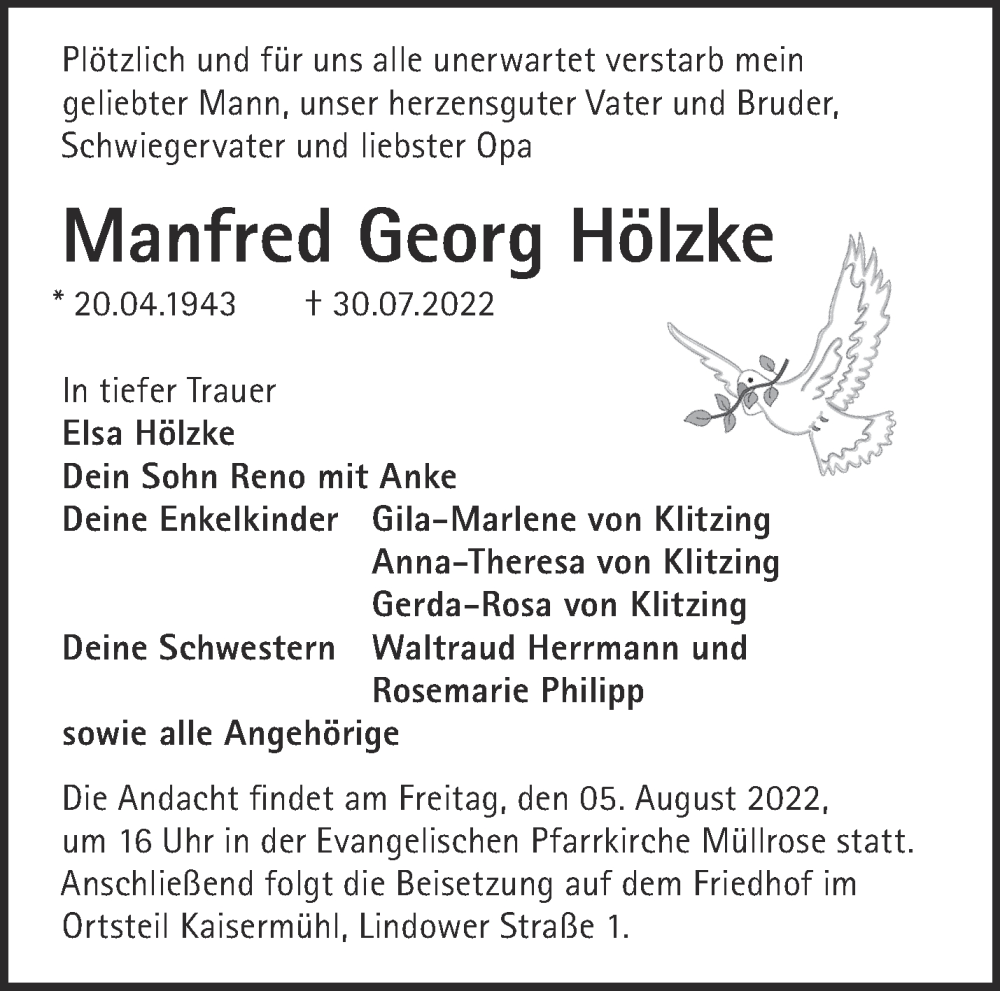  Traueranzeige für Manfred Georg Hölzke vom 03.08.2022 aus Märkische Oderzeitung