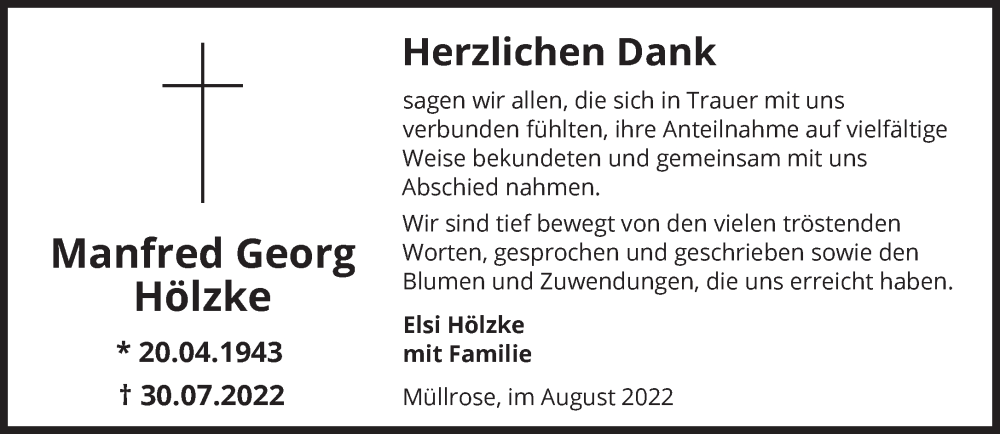  Traueranzeige für Manfred Georg Hölzke vom 13.08.2022 aus Märkische Oderzeitung