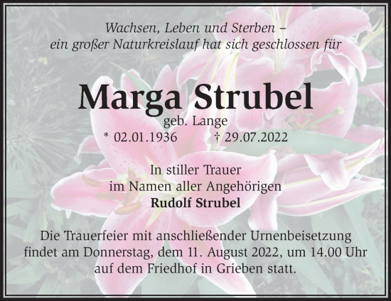 Traueranzeige von Marga Strubel von Märkische Oderzeitung