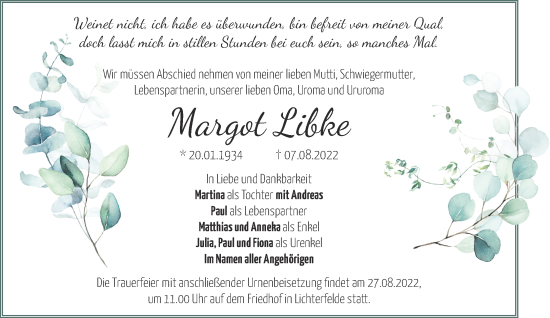 Traueranzeige von Margot Libke von Märkische Oderzeitung