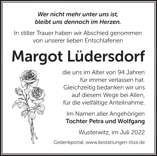 Traueranzeige von Margot Lüdersdorf von Märkische Oderzeitung