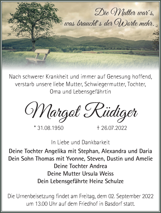 Traueranzeige von Margot Rüdiger von Märkische Oderzeitung