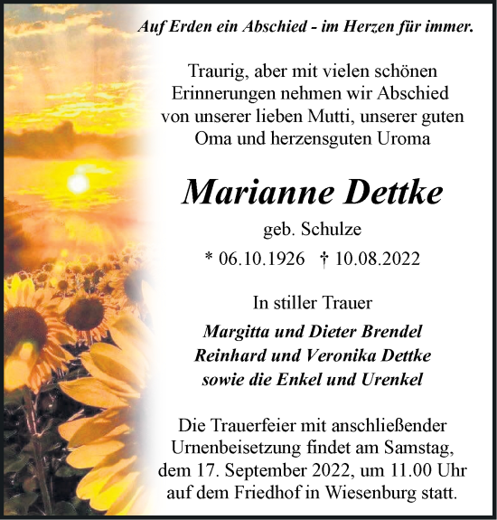 Traueranzeige von Marianne Dettke von Märkische Oderzeitung