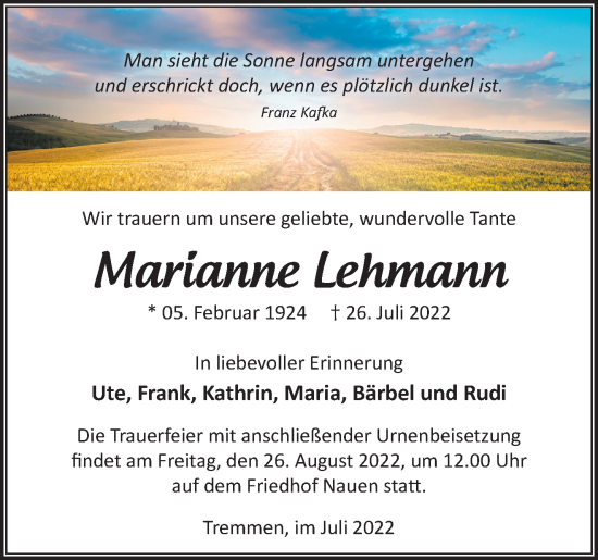 Traueranzeige von Marianne Lehmann von Märkische Oderzeitung