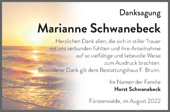 Traueranzeige von Marianne Schwanebeck von Märkische Oderzeitung