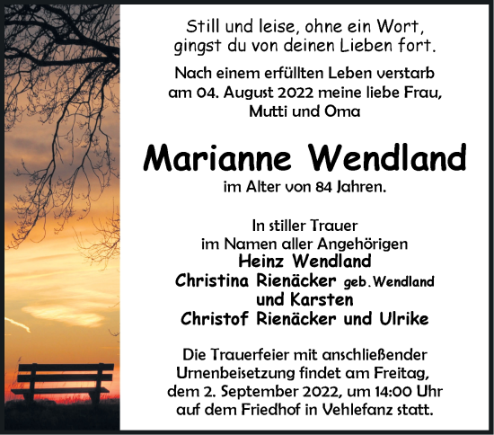 Traueranzeige von Marianne Wendland von Märkische Oderzeitung