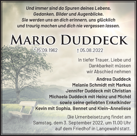 Traueranzeige von Mario Duddeck von Märkische Oderzeitung