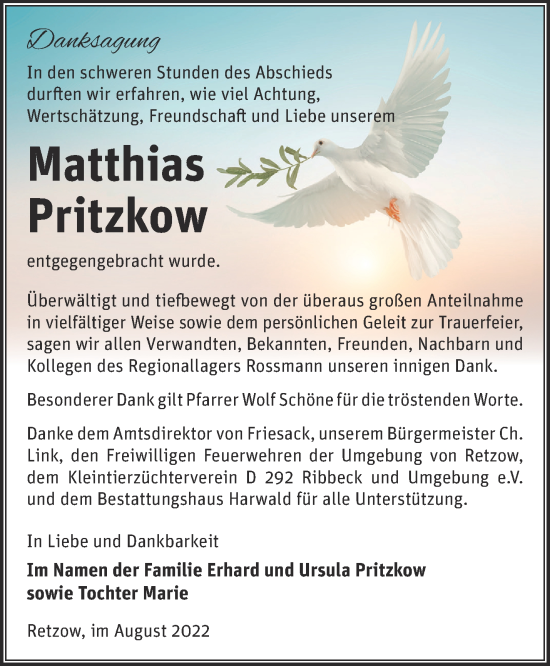 Traueranzeige von Matthias Pritzkow von Märkische Oderzeitung