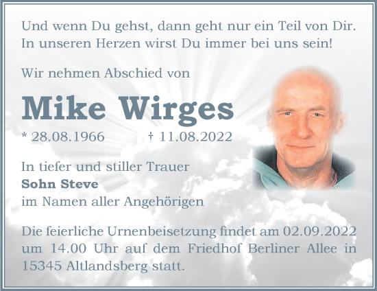 Traueranzeige von Mike Wirges von Märkische Oderzeitung