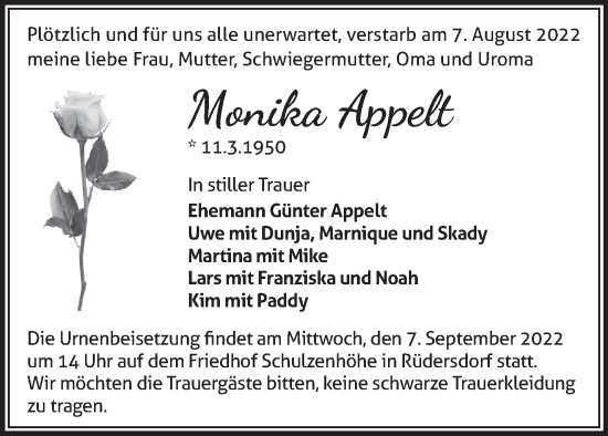 Traueranzeige von Monika Appelt von Märkische Oderzeitung