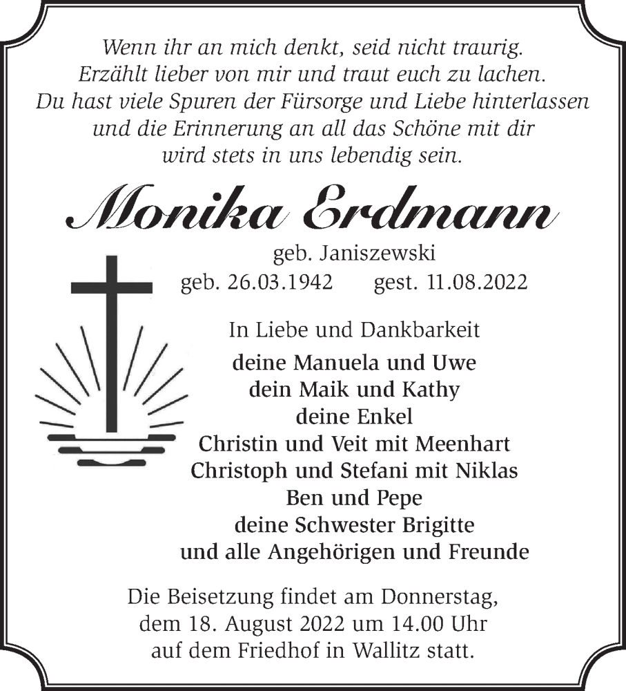  Traueranzeige für Monika Erdmann vom 16.08.2022 aus Märkische Oderzeitung