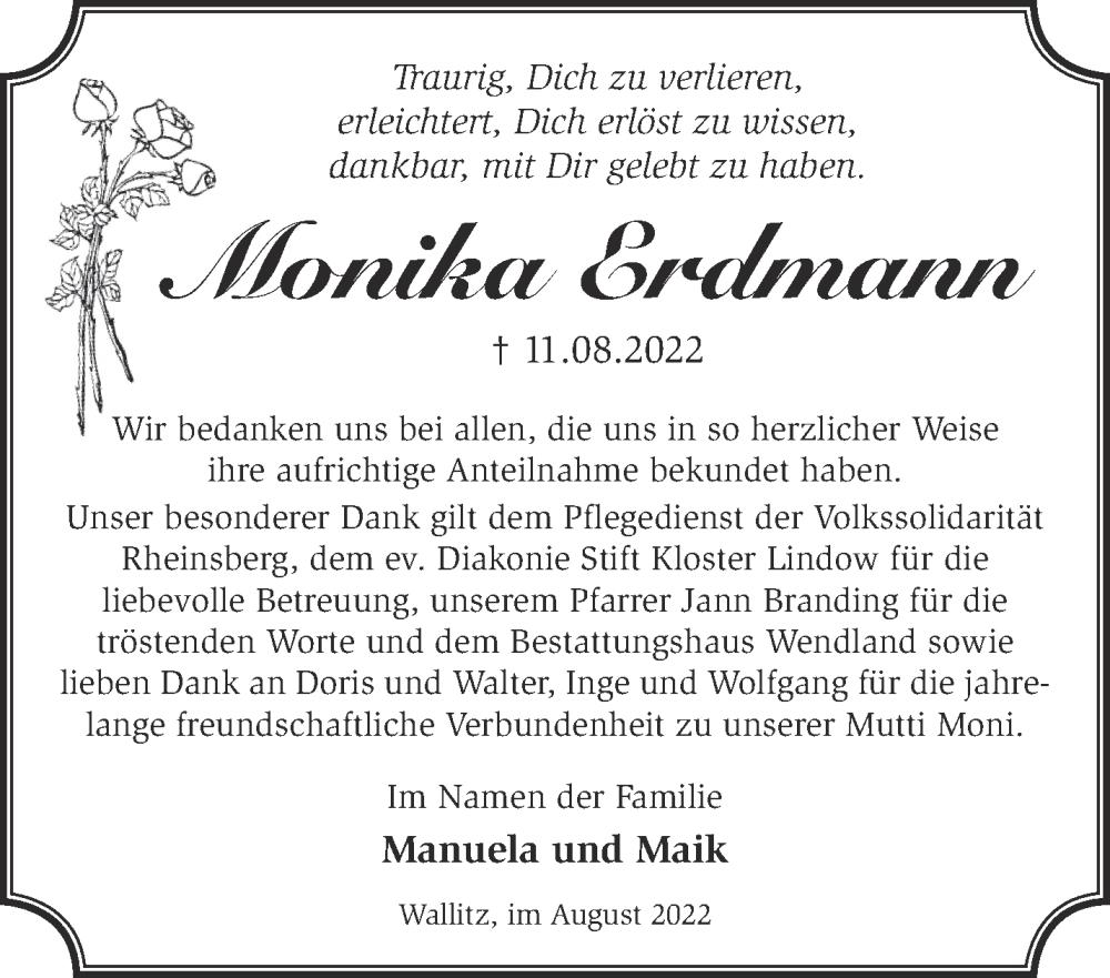 Traueranzeige für Monika Erdmann vom 27.08.2022 aus Märkische Oderzeitung