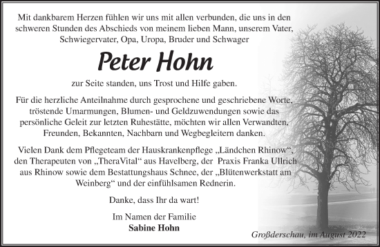 Traueranzeige von Peter Hohn von Märkische Oderzeitung