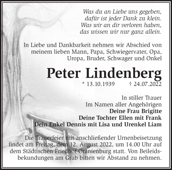 Traueranzeige von Peter Lindenberg von Märkische Oderzeitung