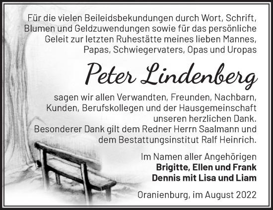 Traueranzeige von Peter Lindenberg von Märkische Oderzeitung