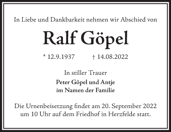 Traueranzeige von Ralf Göpel von Märkische Oderzeitung