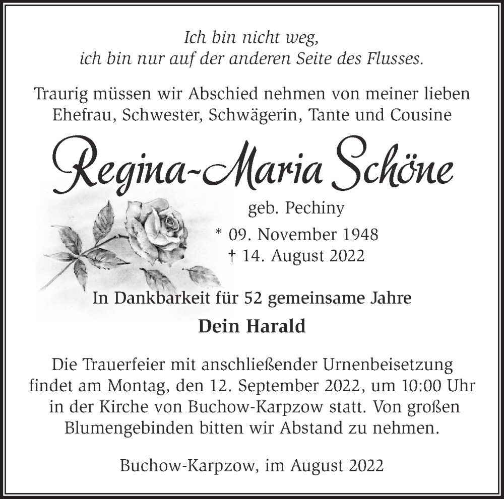 Traueranzeigen von Regina-Marie Schöne | Märkische Onlinezeitung ...