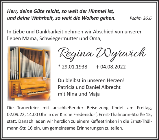 Traueranzeige von Regina Wyrwich von Märkische Oderzeitung