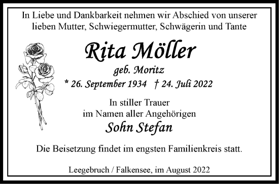 Traueranzeige von Rita Möller von Märkische Oderzeitung