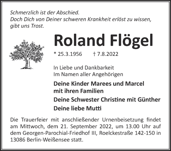 Traueranzeige von Roland Flögel von Märkische Oderzeitung