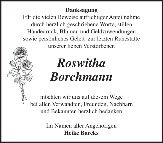 Traueranzeige von Roswitha Borchmann von Märkische Oderzeitung