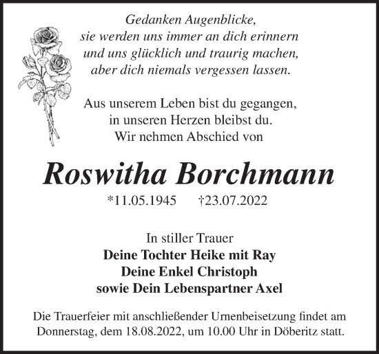 Traueranzeige von Roswitha Borchmann von Märkische Oderzeitung