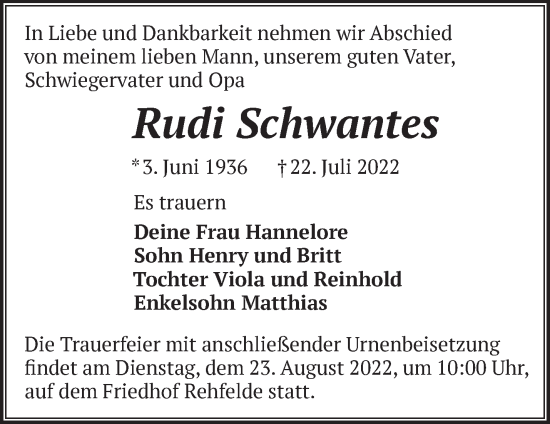 Traueranzeige von Rudi Schwantes von Märkische Oderzeitung