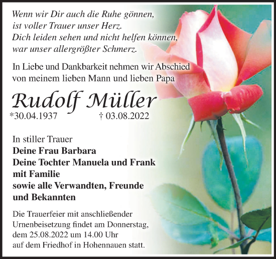 Traueranzeige von Rudolf Müller von Märkische Oderzeitung