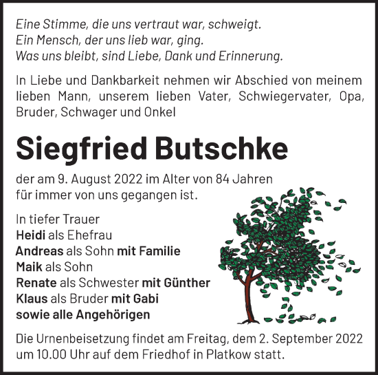 Traueranzeige von Siegfried Butschke von Märkische Oderzeitung