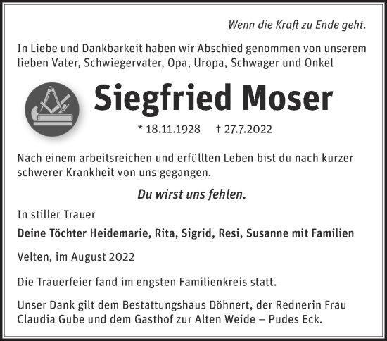 Traueranzeige von Siegfried Moser von Märkische Oderzeitung