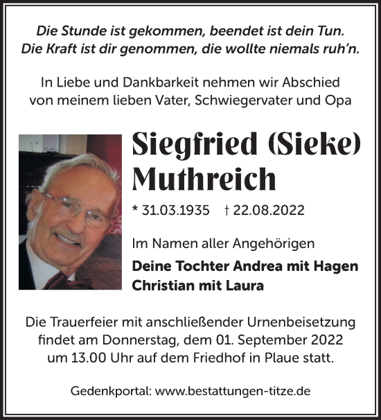 Traueranzeige von Siegfried Muthreich von Märkische Oderzeitung